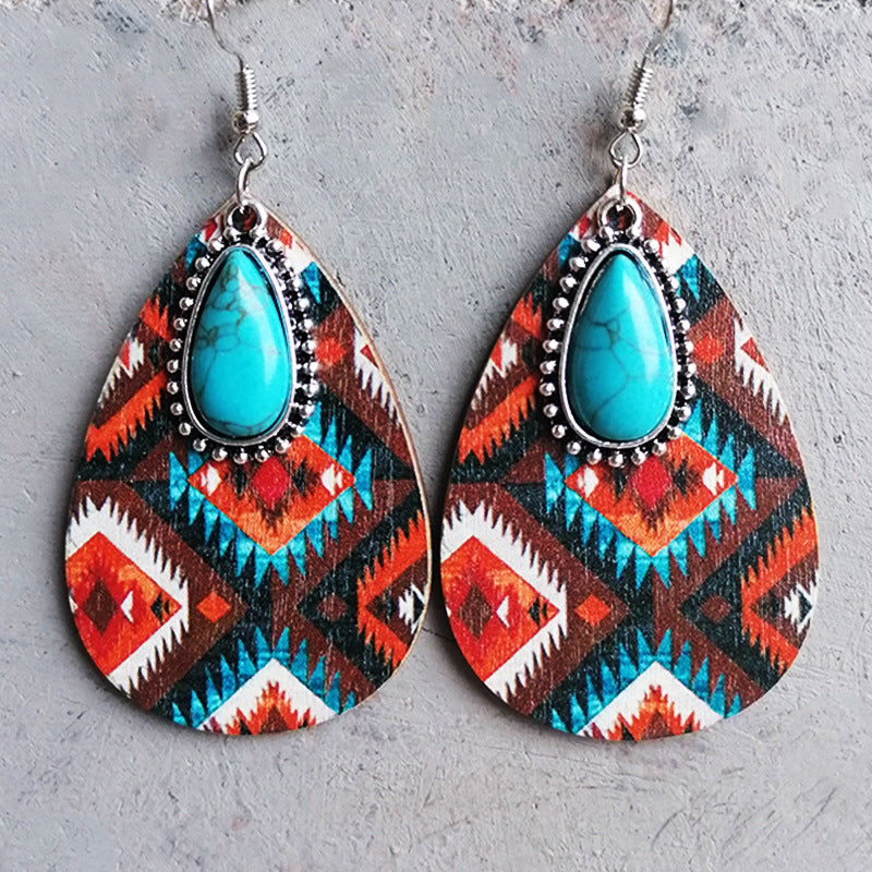 Wholesale  2 Pairs/Pack Turquoise Pendant Aztec Western Wooden Earrings